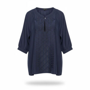 Theory Reiba 100% Silk Navy Blue Embroidered 3/4 Sleeve Tunic Blouse Medium